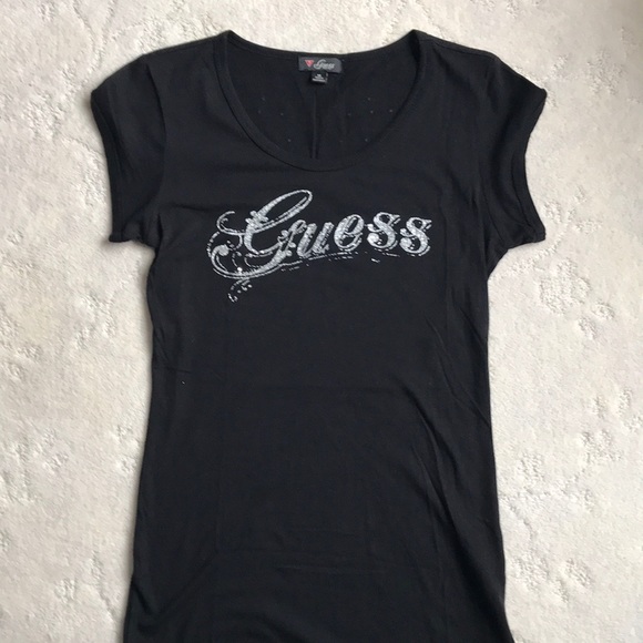 GUESS Black Short Sleeve Rhinestone Wing Tee - Picture 1 of 4